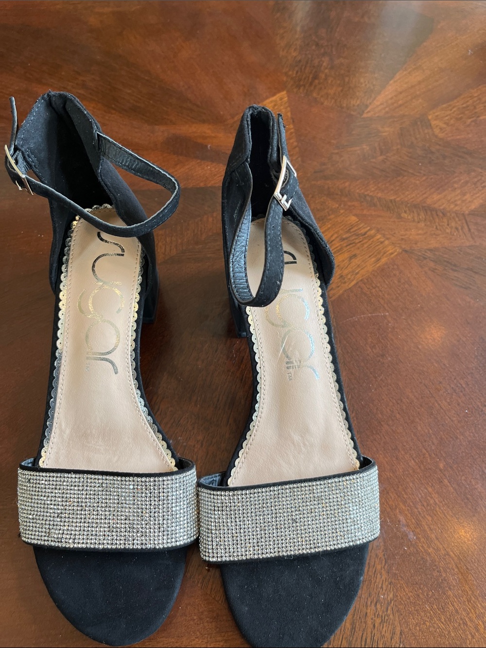 Sugar Black Suede Ankle-Strap Heels with Sparkling Silver Front Band